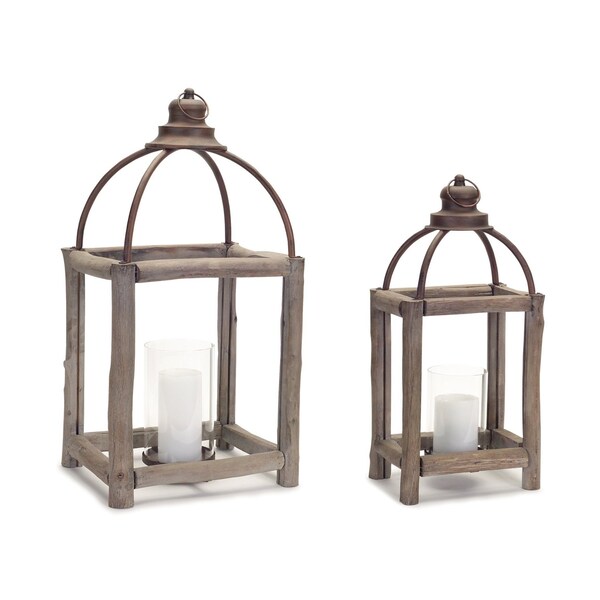 Homeroots Set of Two Natural And Gray Geometric Glass Wood And Metal Floor Lantern Candle Holders, 2PK 517574 - main
