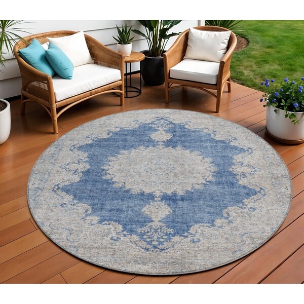 Homeroots 8' Navy Blue And Ivory Round Oriental Washable Indoor Outdoor Area Rug 597742 - main