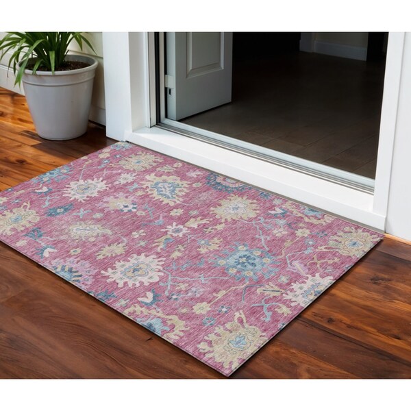 Homeroots 3' X 5' Pink Ivory And Denim Blue Floral Washable Indoor Outdoor Area Rug 605319 - main