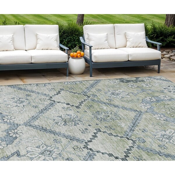 Homeroots 10' X 14' Artichoke Green Denim Blue And Silver Floral Washable Indoor Outdoor Area Rug 588857 - main