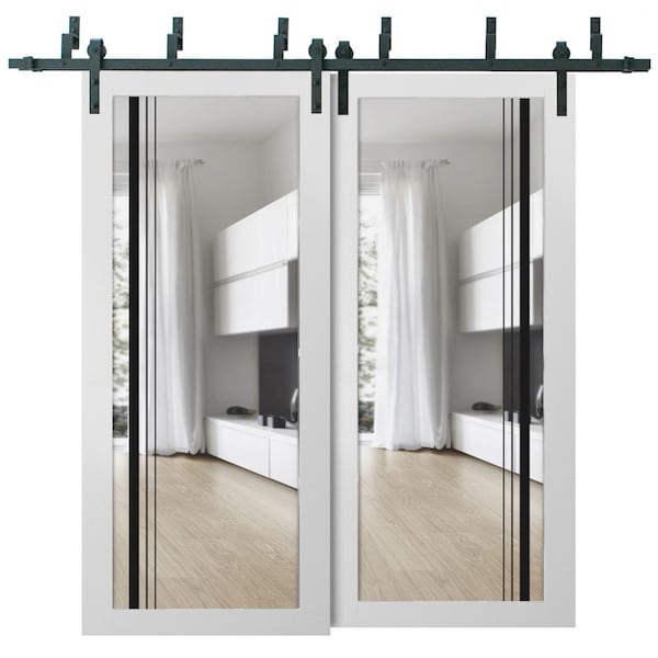 Sartodoors Sliding Closet Clear Glass Barn Bypass Doors, Lucia 2566 White Silk and Aluminum Strips, Sturdy 6. LUCIA2566BBB-WS-84 x 80 (2* 42x80) - main