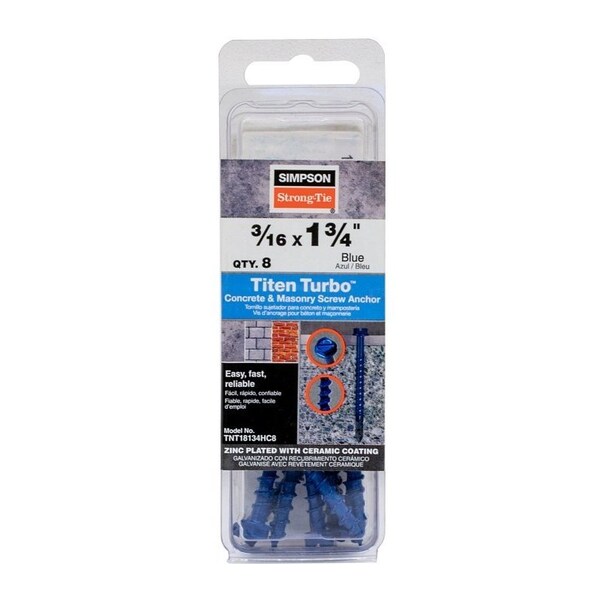 Simpson Strong-Tie Titen Turbo Screw Anchor, 3/16 in Dia, 1-3/4 in L, Carbon Steel, Zinc Plated TNT18134HC8 - main