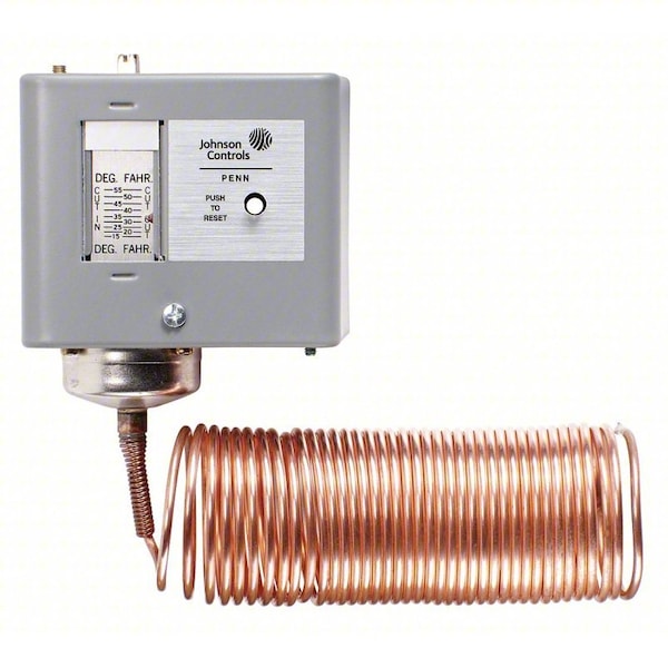 Johnson Controls Line Voltage Mechanical Thermostat, Heat or Cool, 15 to 55F, Screwdriver, 120 to 600V AC, Close on Rise A70BA-18C - main
