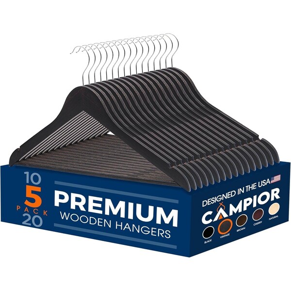 Campior Vintage Wooden Hangers, Heavy-Duty with 360 Deg Swivel Hook, Non-Slip, Pants Bar, 5PK CMPWH5VT - main