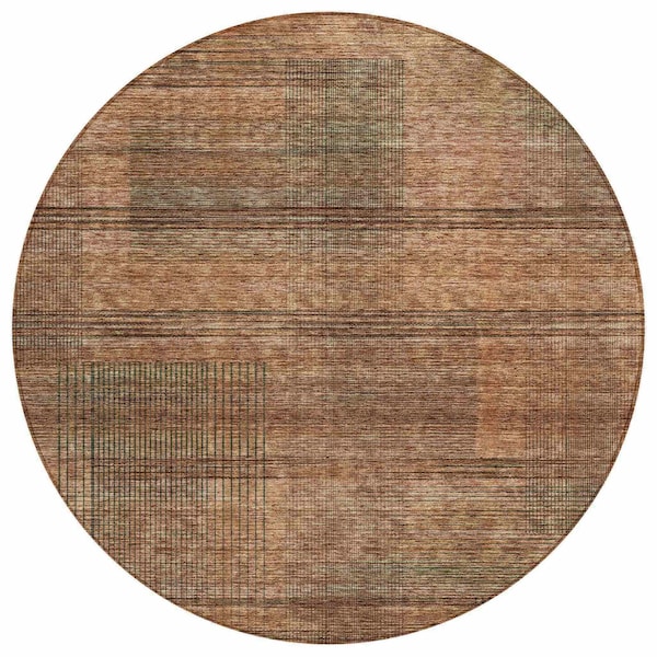 Homeroots 8' Orange Copper And Brown Round Striped Washable Indoor Outdoor Area Rug 588114 - main