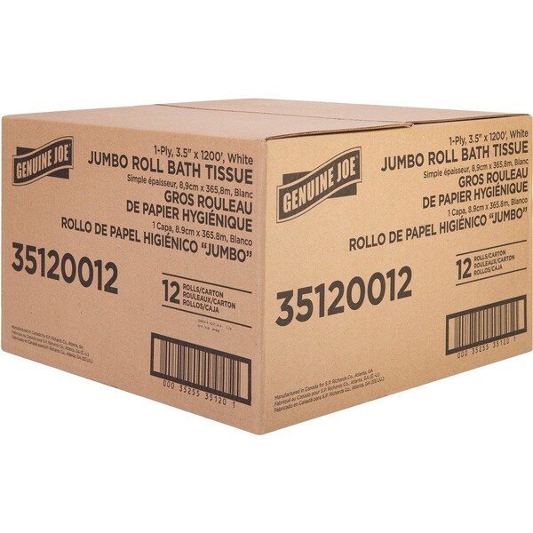 Genuine Joe Jumbo Roll Bath Tissue - 1 Ply - 3.63in x 1200' - 8.88in Roll Diameter - White, 12PK GJO35120012 - main