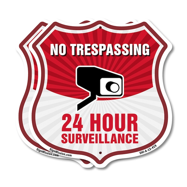 Signmission No Trespassing Shield Sign 24 Hour Surve, 12 inch X 12 inch, Aluminum Metal Sign, 2PK SHI-A-2PACK-12-419 - main