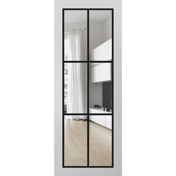 Sartodoors Slab Barn Door Panel Clear Glass, Lucia 2366 White Silk and Aluminum Strips, Sturdy Finished Doors LUCIA2366S-WS-24 x 84 - main
