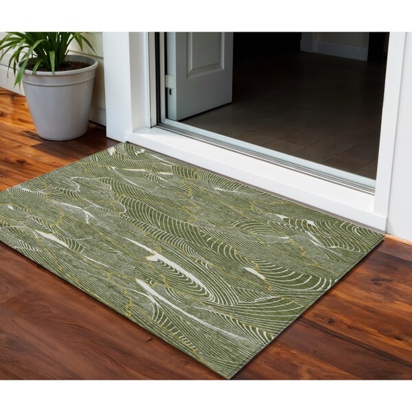 Homeroots 3' X 5' Olive Green Gold And Ivory Abstract Washable Indoor Outdoor Area Rug 601074 - main