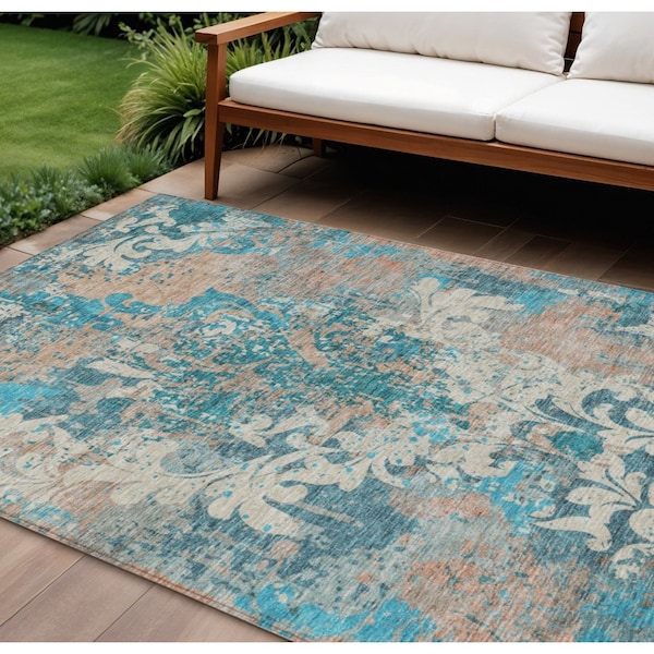 Homeroots 8' X 10' Teal Blue Ivory And Light Brown Damask Washable Indoor Outdoor Area Rug 596396 - main