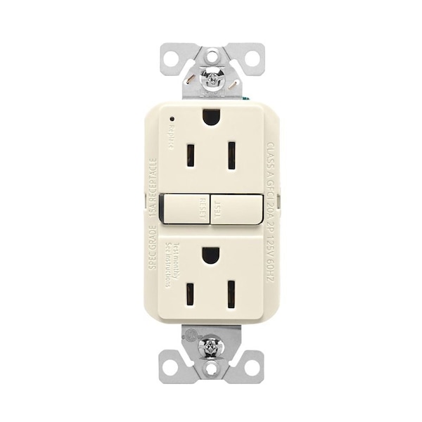 Eaton Wiring Devices Receptacle, 125 V, 15 A, NEMA: 5-15R, GFCI Socket, Back, Side Wiring, Light Almond GF15LA-BX-L - main