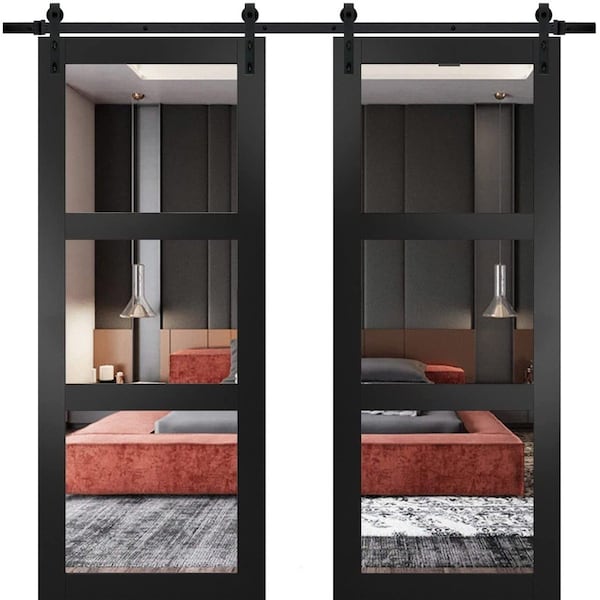 Sartodoors Sturdy Double Barn Door with, Lucia 2555 Matte Black with Clear Glass, 13FT Rail Hangers Heavy Set LUCIA2555DB-BLK-48 - main