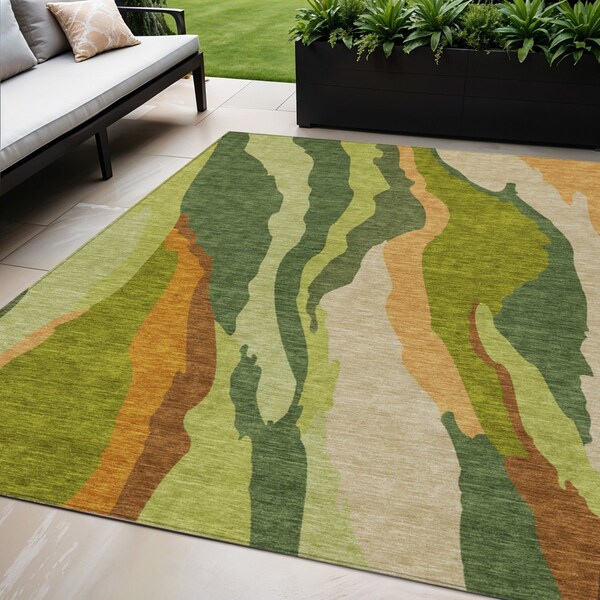 Homeroots 5' X 8' Green Beige And Copper Abstract Washable Indoor Outdoor Area Rug 600967 - main
