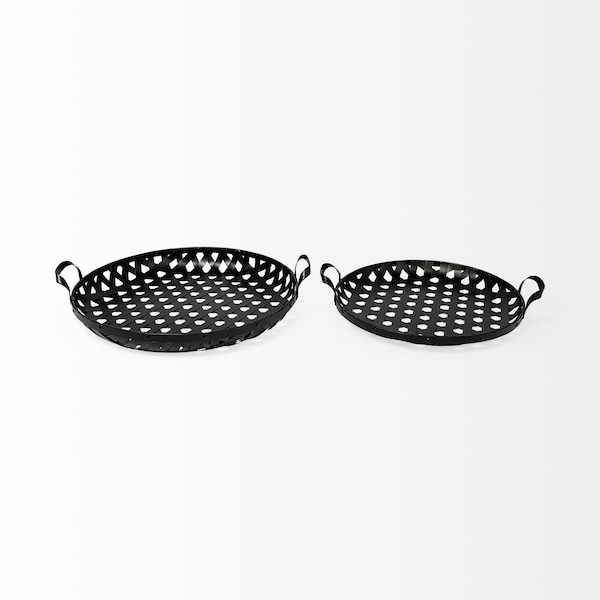 Homeroots Set of Two Black Round Metal Indoor Outdoor Tray With Handles 376053 - main