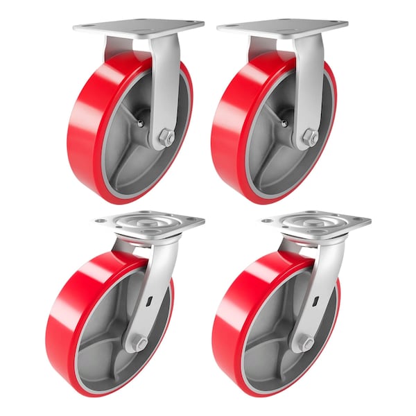 Hyw Products Heavy Duty Caster Set 8in Red Polyurethane on Cast Iron Wheels, 2 Rigid & 2 Swivel, 4PK 40-80R-A1-PC-2,40-80S-A1-PC-2 (R) - main