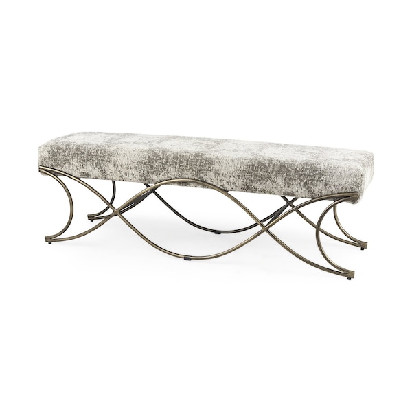 Homeroots 55" Gray and Gold Chenille and Metal Upholstered Bench 606737 - main
