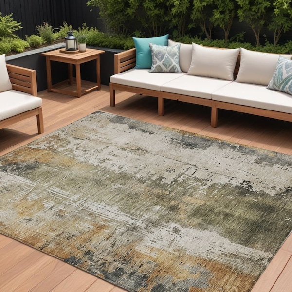 Homeroots 9' X 12' Olive Green And Ivory Abstract Washable Indoor Outdoor Area Rug 616182 - main