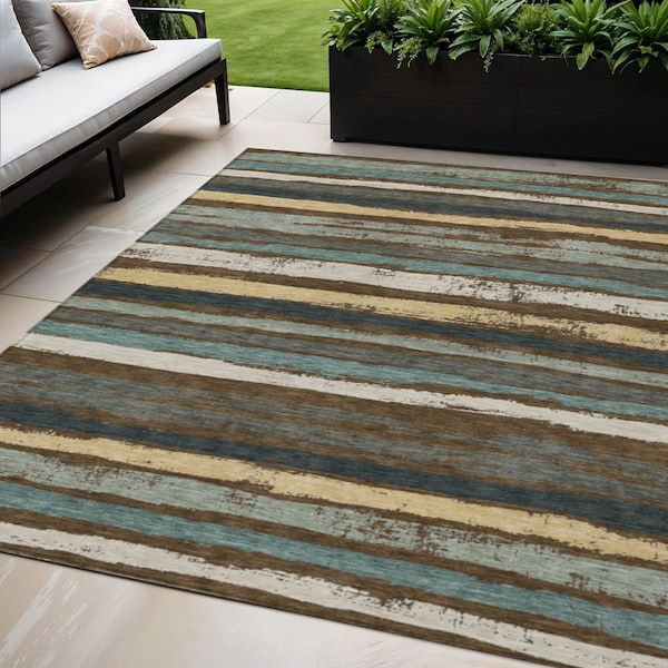 Homeroots 5' X 8' Brown Beige And Green Striped Washable Indoor Outdoor Area Rug 598885 - main