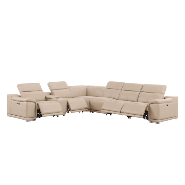 Homeroots Beige Leather Power Reclining L Shaped Seven Piece Corner Sectional With Console 643901 - main