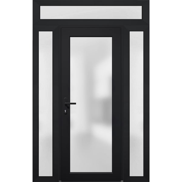 Vdomdoors Front Exterior Prehung FiberGlass Door Frosted Glass / Manux 8102 Matte Black / 2 Sidelight and Tra MANUX8102EXD-BLK-W14+36+14 x H80+14-RH - main