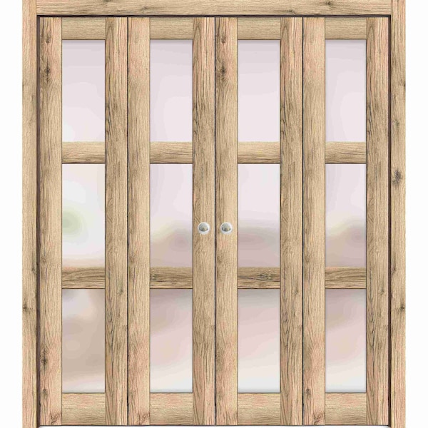 Sartodoors Sliding Closet Double Bi-fold Doors, Lucia 2552 Oak with Frosted Glass, Sturdy Tracks Moldings Tri LUCIA2552DBF-DUB-96 x 96 (4* 24x96) - main