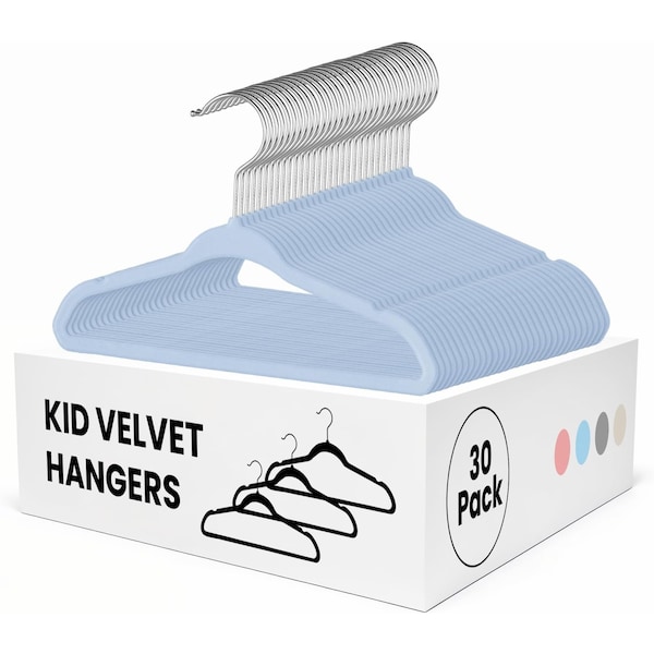 Simple Deluxe Kids Velvet Hangers, 11 Inch Durable Children Hangers for Closet, Blue, 30PK HKHANGVELVETKID30BLU - main