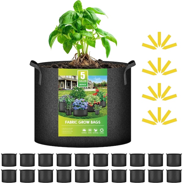 Ipower 5 Gallon Grow Bags, Garden Planting Nonwoven Fabric Pots, 20 Labels Included, 20PK GLGROWBAG5X5BLKV5X4 - main