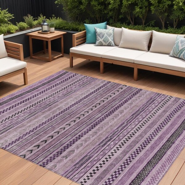 Homeroots 8' X 10' Plum And Lilac Striped Washable Indoor Outdoor Area Rug 615359 - main