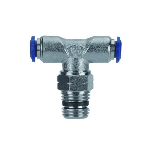 Usa Industrials Push to Connect Tube Fitting, Nickel Plated Brass w/ Plastic Release Ring, Male Branch Tee ZUSA-TF-PTC-NPBR-446 - main