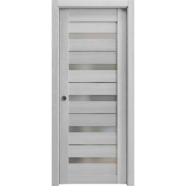 Sartodoors Sliding French Pocket Door 30 x 84in, Light Grey Oak W/ Frosted Glass, Kit Trims Rail Hardware QUADRO4445PD-OAK-3084 - main