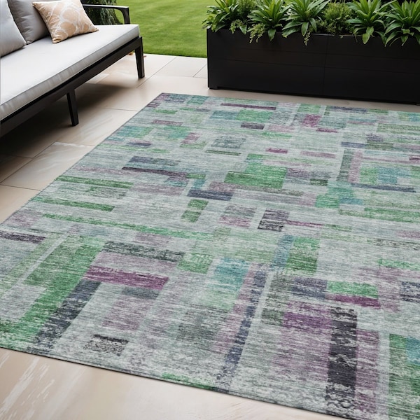 Homeroots 5' X 8' Artichoke Green Charcoal And Purple Striped Washable Indoor Outdoor Area Rug 603510 - main