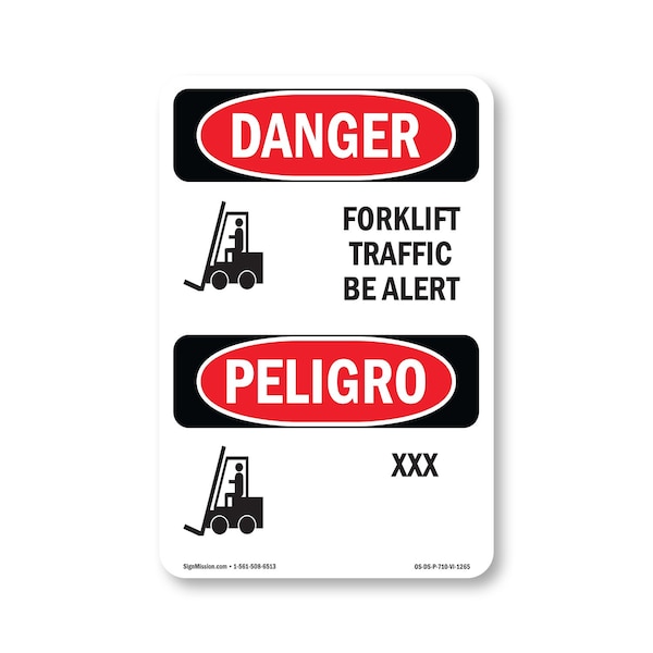 Signmission OSHA Danger Sign, 10" Height, Rigid Plastic, Forklift Traffic Be Alert Bilingual, VI-1265 OS-DS-P-710-VI-1265 - main