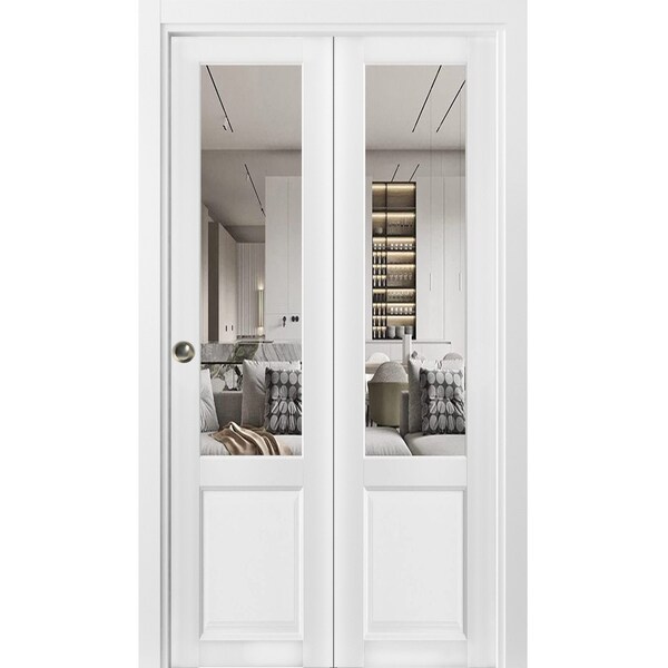 Sartodoors Sliding Closet Bi-fold Doors, Lucia 1533 White Silk with Clear Glass, Sturdy Tracks Moldings Trims LUCIA1533BF-BEM-72 x 84 (2* 36x84) - main