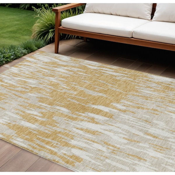 Homeroots 8' X 10' Gold And Ivory Abstract Washable Indoor Outdoor Area Rug 612662 - main