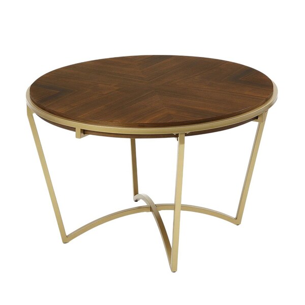 Homeroots 46" Brown And Gold Solid Wood And Metal Trestle Base Round Top Dining Table 602330 - main