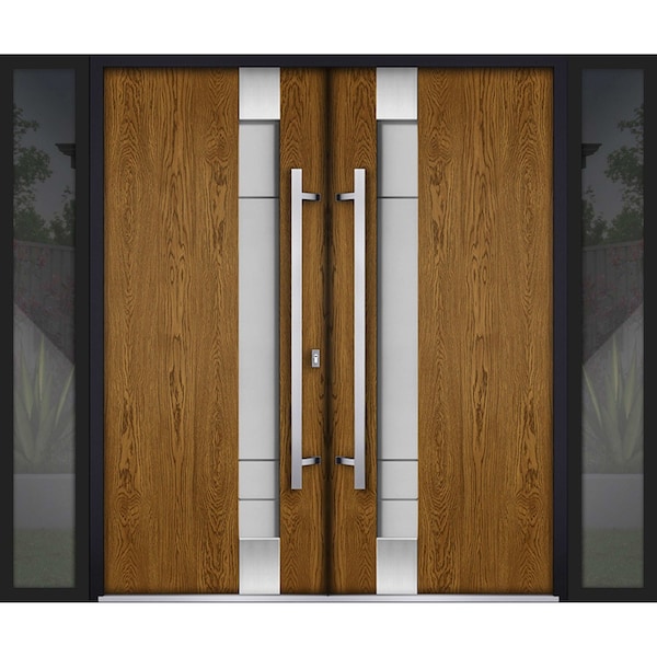 Vdomdoors Steel Double Doors Deux 1713 Natural Oak 2 Black Sidelight Exterior Windows Stainless Inserts Singl DEUX1713DEXD-OAKB-LH-W16+72+16 x H80 - main