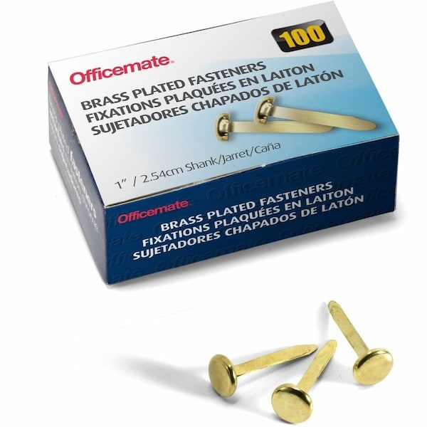 Officemate International Officemate Round Head Fastener, 1" Length Shank, 3/8" Head, Brass Plated, 100/Box 99814 - main