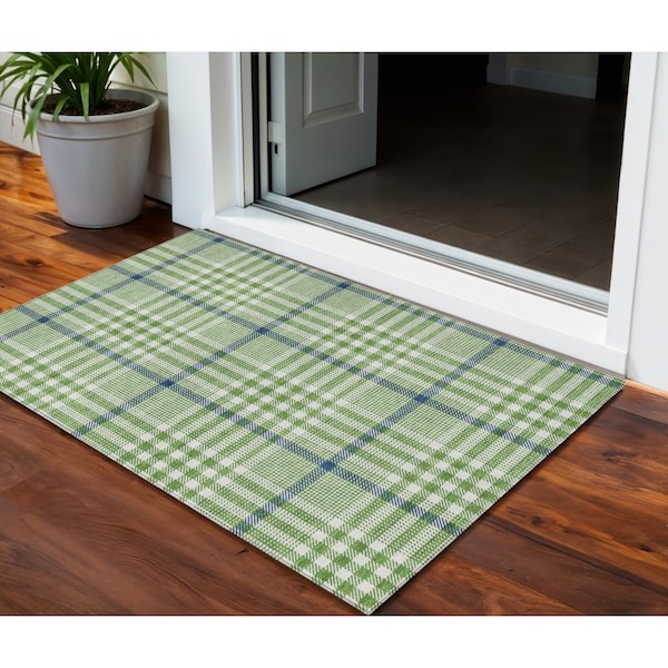 Homeroots 3' X 5' Green And Ivory Plaid Washable Indoor Outdoor Area Rug 601470 - main