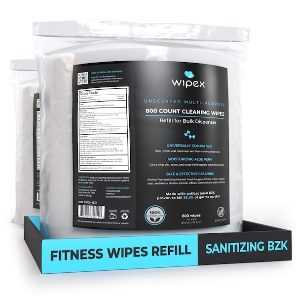 Wipex Plastic-Free Sanitizing Wipes 800ct Refills, 1600 Antibacterial Hand Wipes for Gym & Fitness, 2PK WX72019BZR-2 - main
