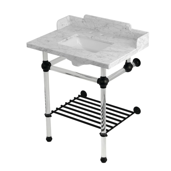Kingston Brass 30-Inch Carrara Marble Console Sink with Acrylic Legs and Shelf, 8-Inch, 3-Hole LMS30MASQB0 - main