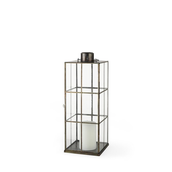 Homeroots 23" Gold Distressed Geometric Metal And Glass Tabletop Lantern Candle Holder 609337 - main