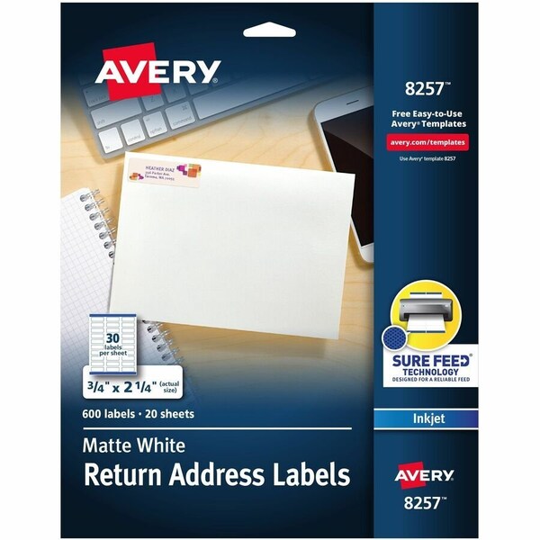 Avery Vibrant Color Printing Mailing Labels, Inkjet Printers, 0.75 x 2.25, Matte White, 600PK 08257 - main