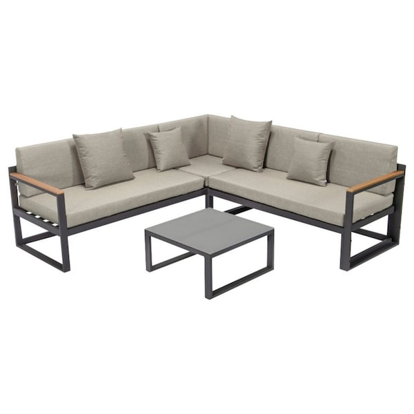 Leisuremod Chelsea Black Sectional With Adjustable Headrest & Coffee Table With Beige Cushions CSLBL-80BG - main