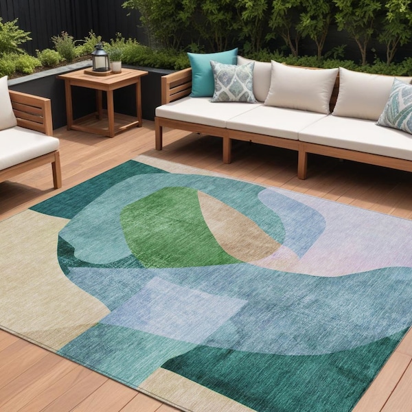 Homeroots 8' X 10' Green And Teal Blue Abstract Washable Indoor Outdoor Area Rug 630450 - main