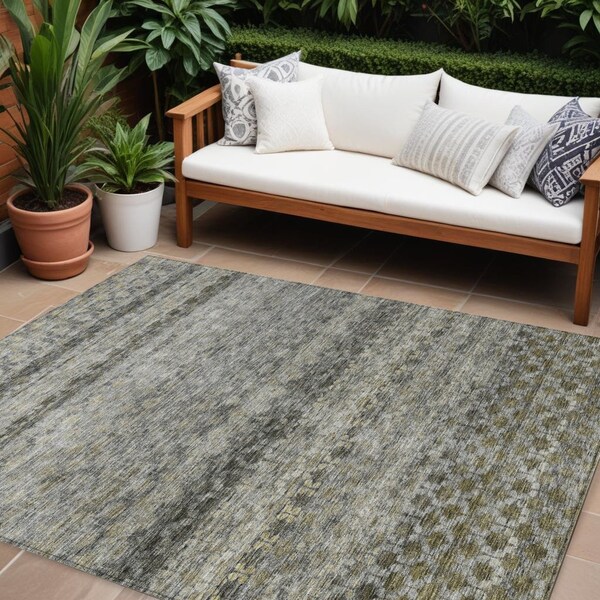 Homeroots 9' X 12' Pewter And Green Striped Washable Indoor Outdoor Area Rug 605703 - main