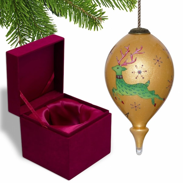 Homeroots Golden Reindeer and Snowflakes Hand Painted Mouth Blown Glass Ornament 477500 - main