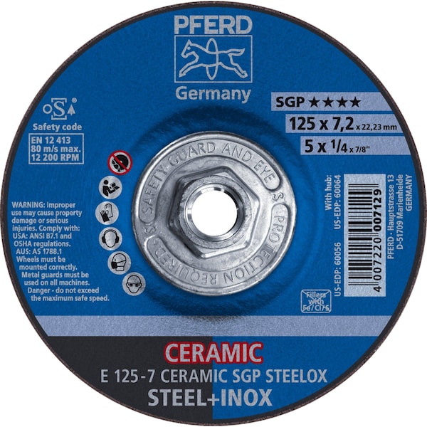 Pferd 5" x 1/4 Grinding Wheel, 5/8-11 Thd. - CERAMIC SGP STEELOX - Type 27 60064 - main