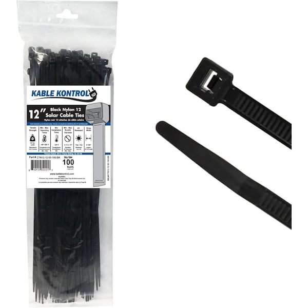 Kable Kontrol Nylon 12 Solar Cable Ties, 12in Long, 50 lbs Tensile Strength, 100PC, Black, 100PK CTN12-12-50-100-BK - main