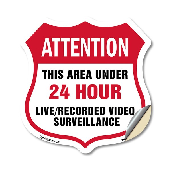 Signmission 24 Hour Surveillance Shield Sign Attenti, 18 Inch X 18 Inch, Vinyl Decal SHI-D-18-351 - main