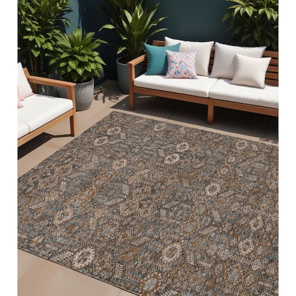 Homeroots 10' X 14' Chocolate Floral Washable Non Skid Indoor Outdoor Area Rug 564319 - main